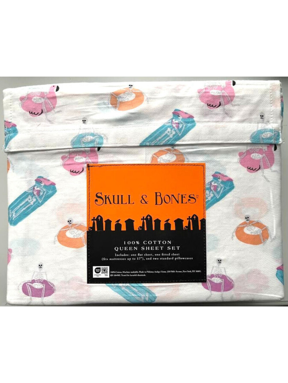 Skull and Bones Halloween Queen Sheet Set-Skeleton Pool Float-100% Cotton